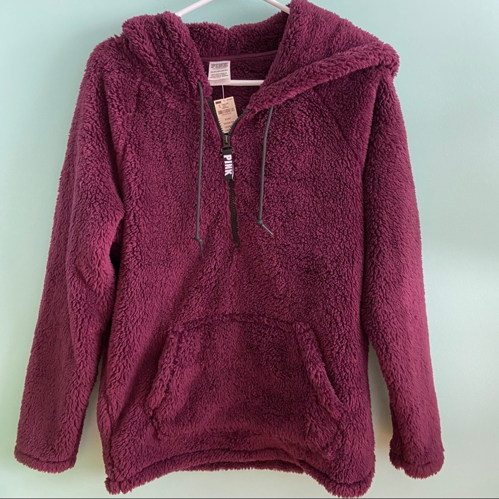 Pink Maroon Fuzzy Sherpa Hoodie Jacket